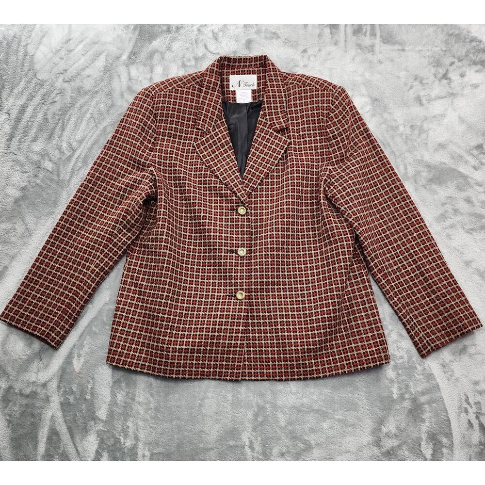 Vintage N Touch Jacket‎ Womens L Red Black Plaid Wool Blend Tweed Blazer Preppy